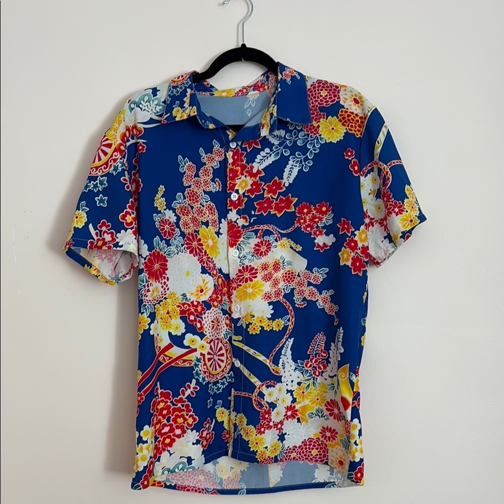 Bold Blue Floral Button-Up Shirt – Unisex, Vibrant, Lightweight